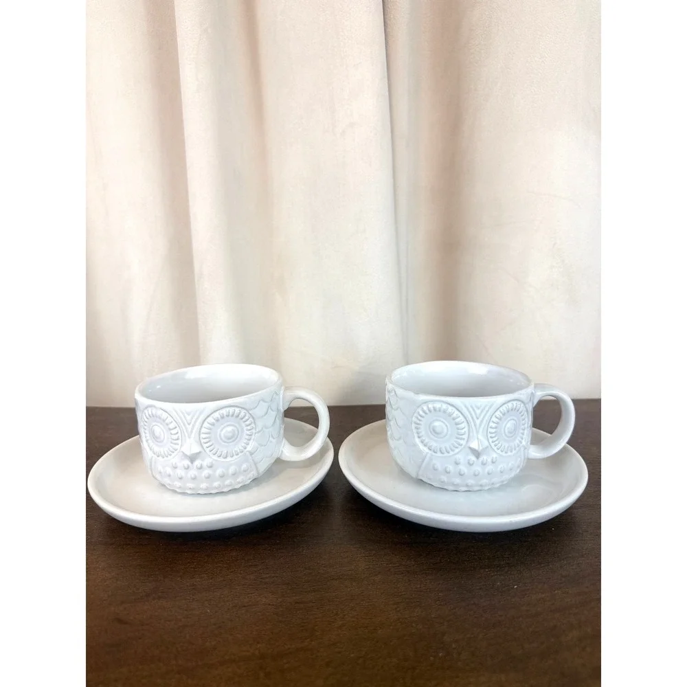 West‎ Elm PAIR (2) White Embossed Ceramic Owl Mugs and Saucers RARE